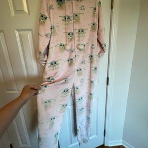 NEW Adult Hooded Plush Onesies Pajamas - Baby Yoda (pink)